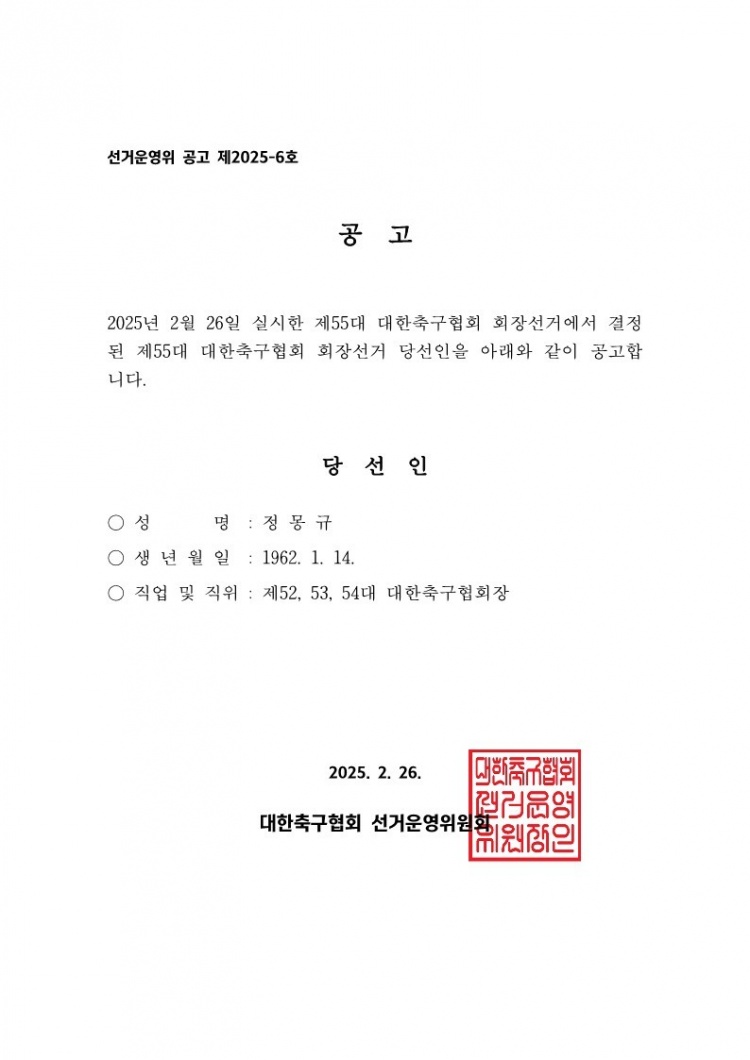 官方:鄭夢(mèng)奎第四次當(dāng)選韓國(guó)足協(xié)主席