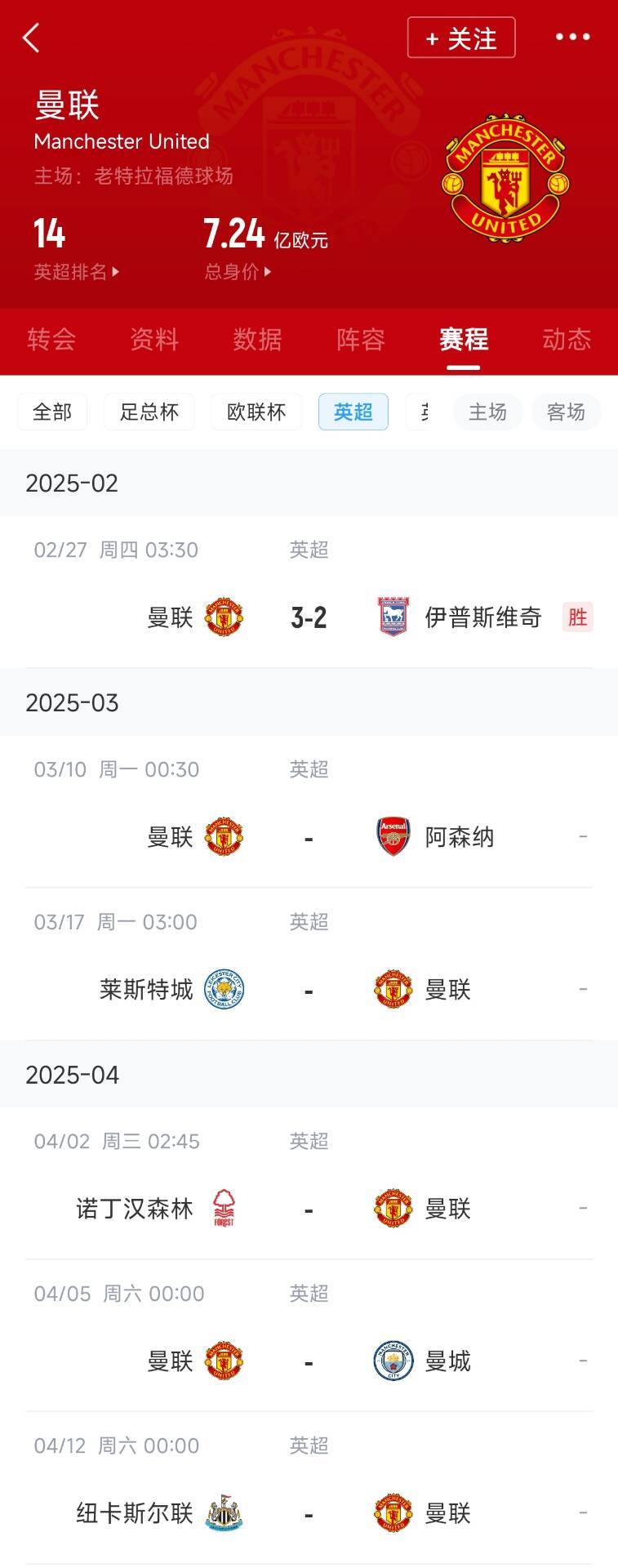 藍(lán)狐救一下?曼聯(lián)未來5輪將遭遇英超2/3/4/6名:槍手森林曼城紐卡
