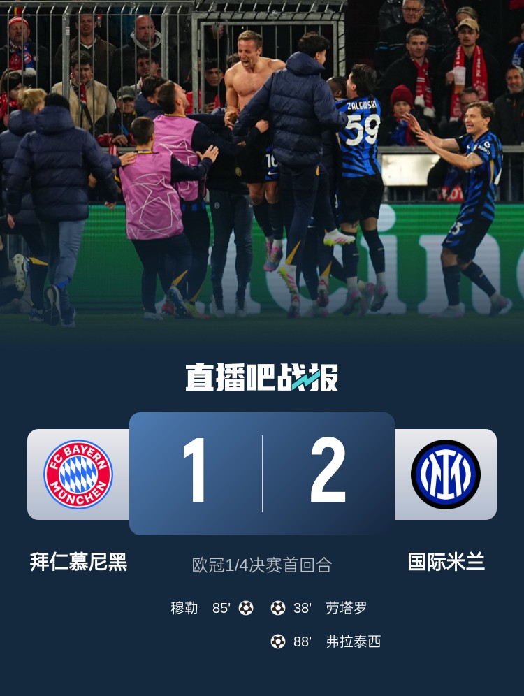  2-1占得先機(jī)！國米送給拜仁4年來歐冠主場首敗